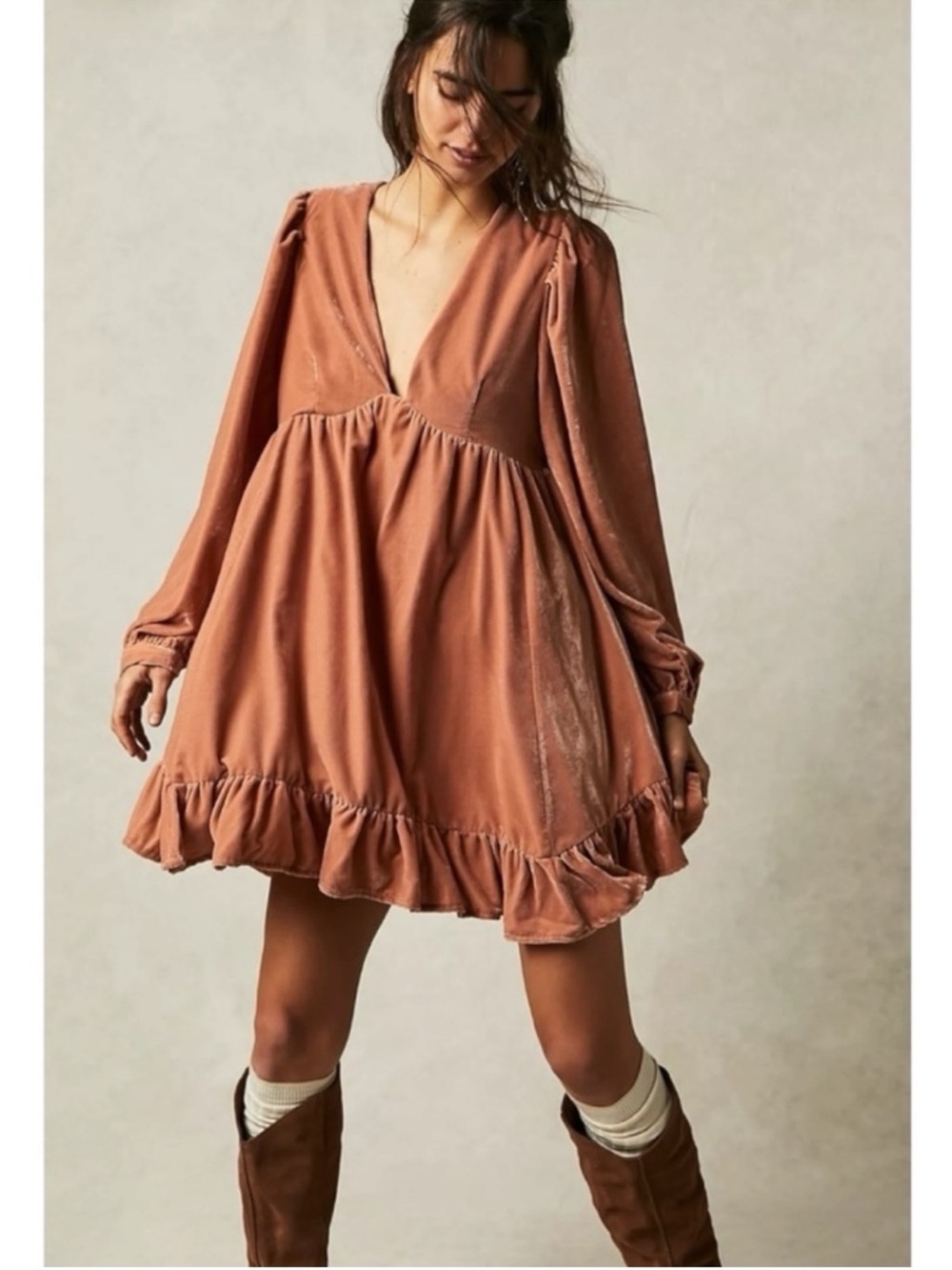 NWOT Free People Estella Dress, Velvet Long Sleeve in Rust, Size Medium